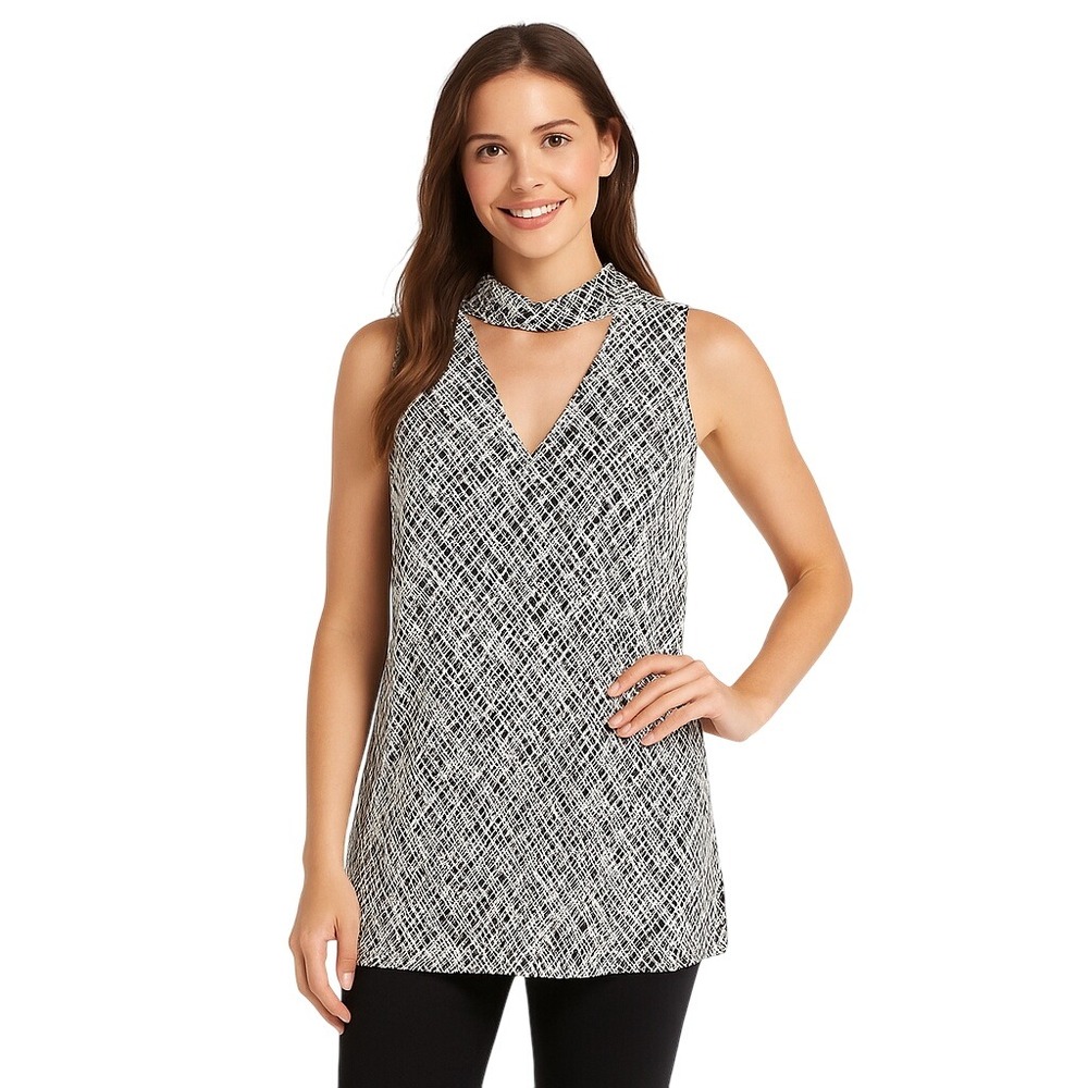 Alfani‎ Blouse Top Black White Collared Keyhole Sleeveless Patterned Modern Chic